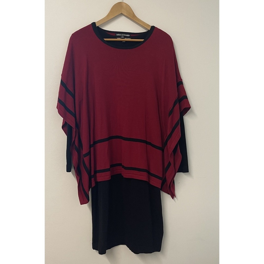 Nina Leonard Sweater Dress Women's Large Red Black Excellent Striped Poncho